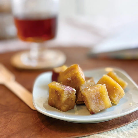Japanese Naruto Kintoki sweet potato snack served with tea for healthy dessert time
