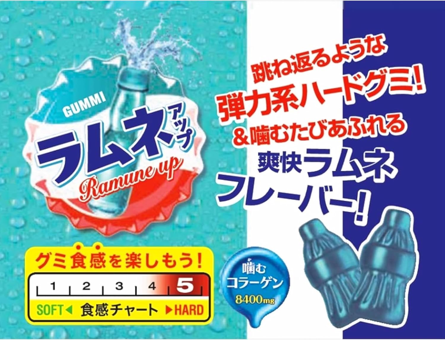 Close-up of Meiji Ramune Up gummies showing hard chewy texture