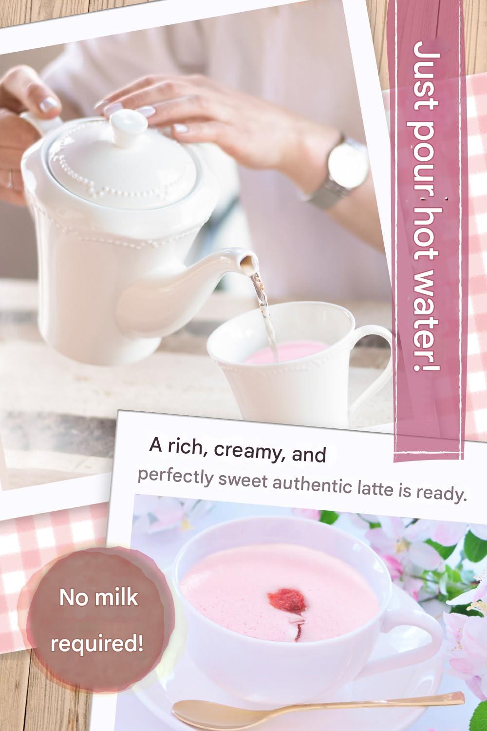 preparing hot sakura latte with powder and hot water