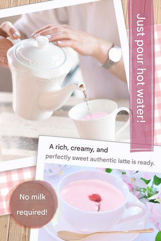 preparing hot sakura latte with powder and hot water