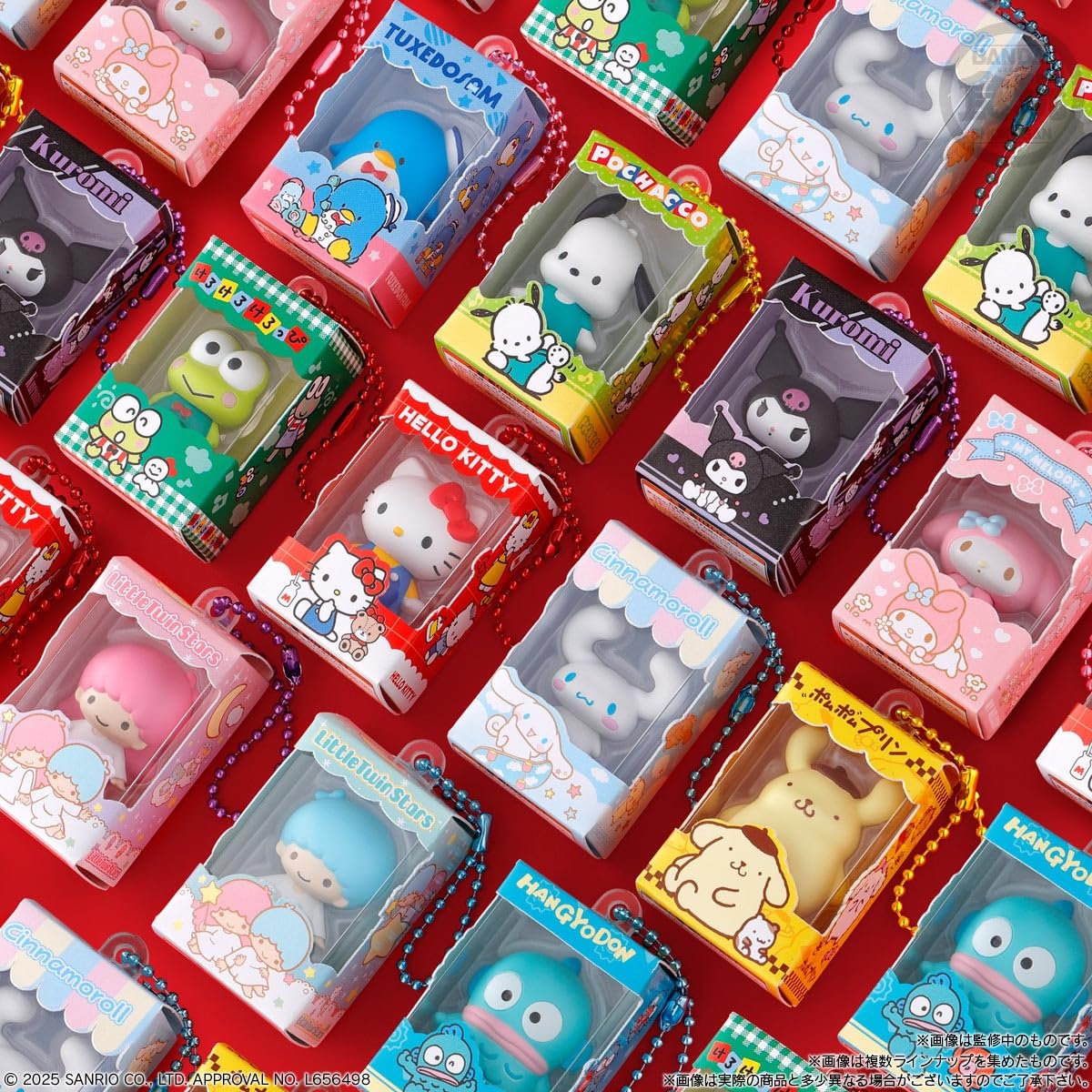 A full set of all the collectible figures from the Sanrio ChocoBox series, including Hello Kitty, My Melody, and other popular characters.