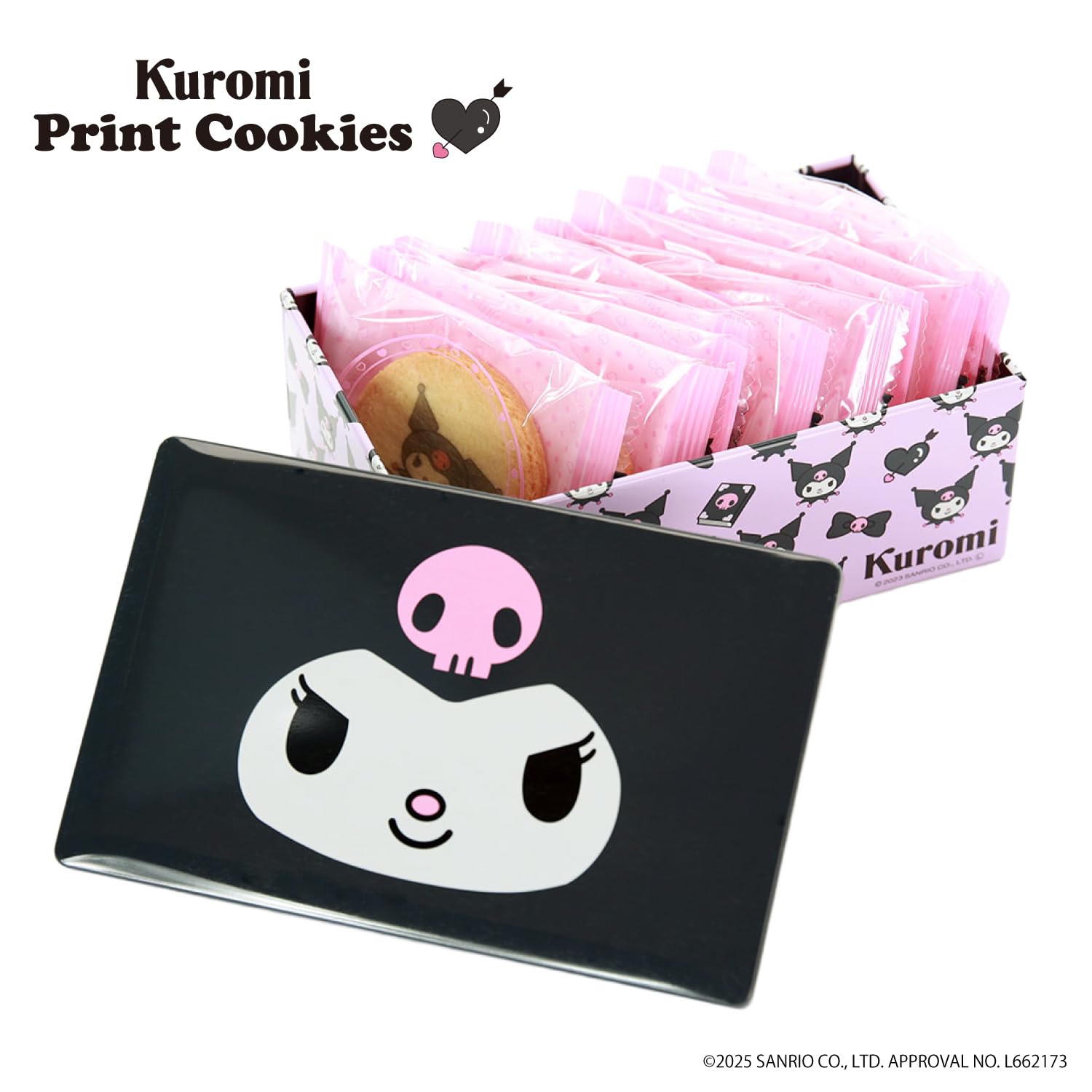 Sanrio Kuromi printed cookie tin packaging by Nagatoya, perfect as a cute gift or collectible.