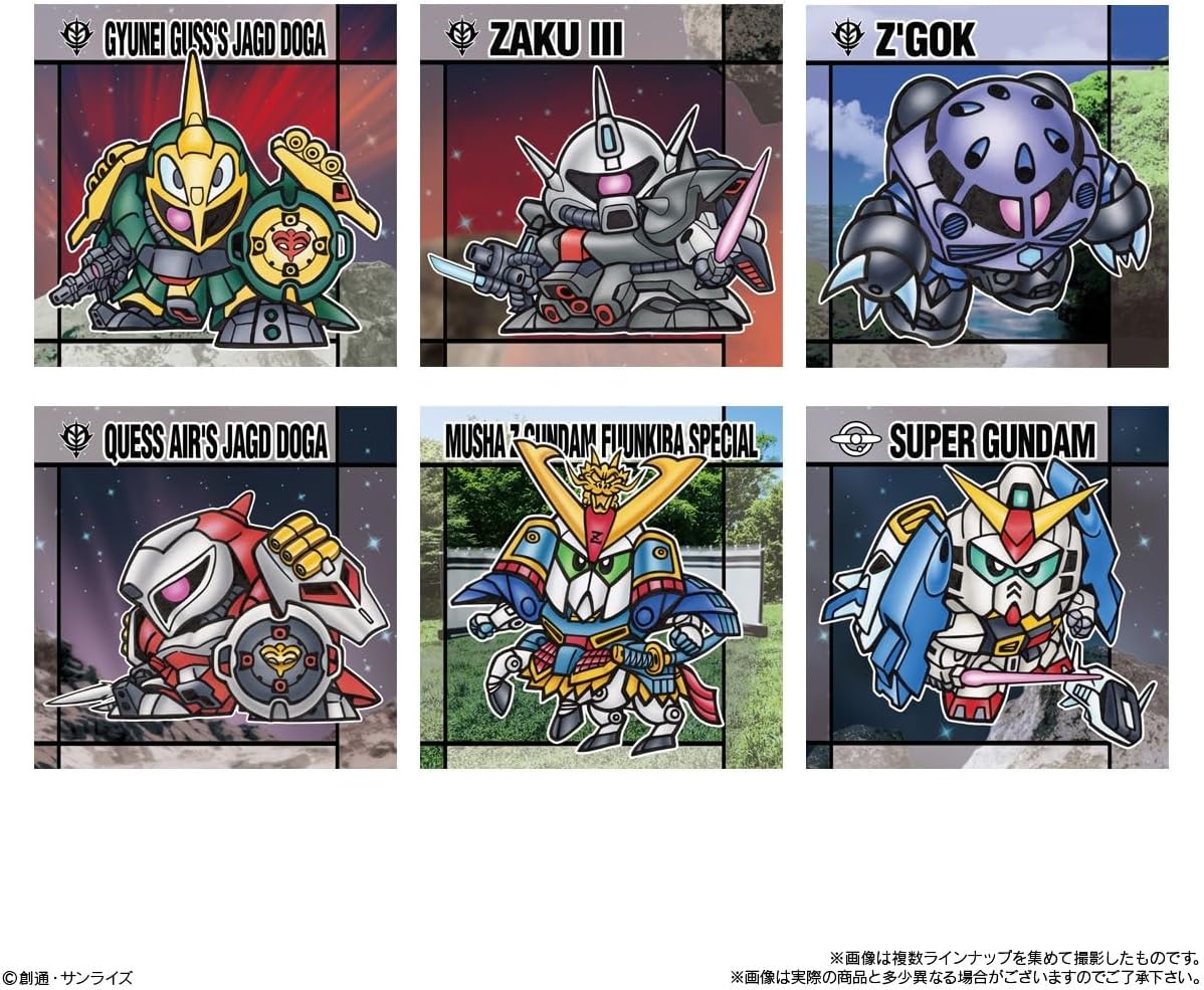 Metallic and holographic SD Gundam collectible sticker lineup from Snack II series