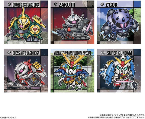 Metallic and holographic SD Gundam collectible sticker lineup from Snack II series