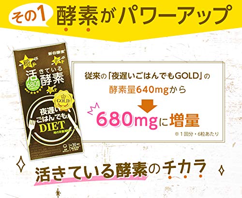 Close-up of Shinya Enzyme GOLD+ tablets, active enzymes for late-night meals