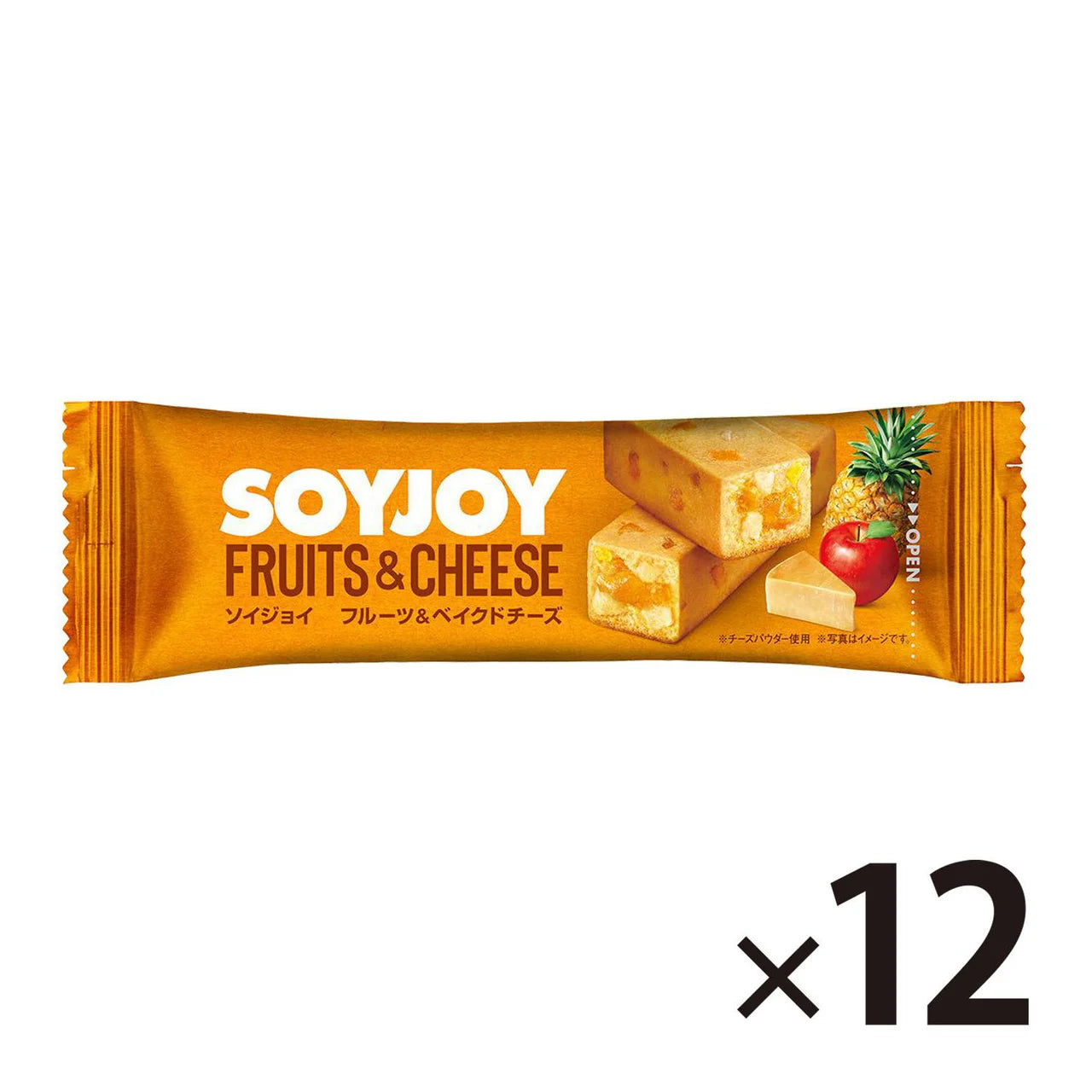 close up of SOYJOY fruit and baked cheese bar with pineapple and apple pieces