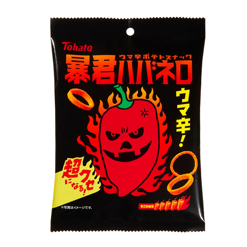 Front view of Tohato Bokun Habanero spicy potato snack 50g bag
