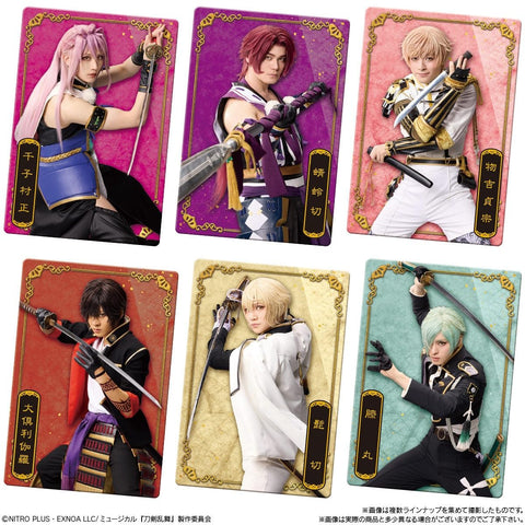 Display of Touken Ranbu character metallic collectible cards from 10th Anniversary set