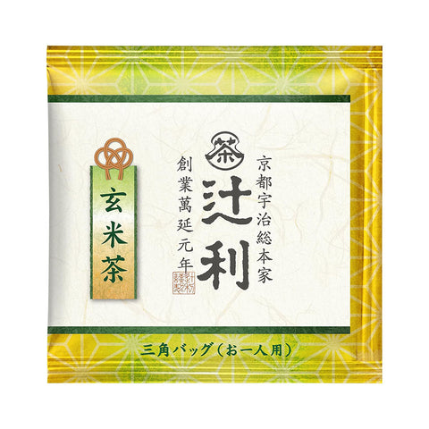 The rear packaging of the Tsujiri Genmaicha 50-pack box, displaying the brand logo and Japanese preparation instructions.