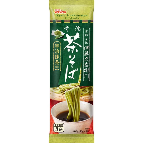 Front view of Nisshin Seifun Welna Itohkyuemon Uji Matcha Cha Soba 200g package