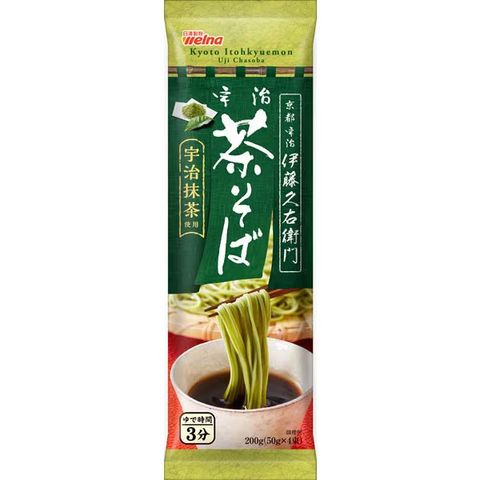 Front view of Nisshin Seifun Welna Itohkyuemon Uji Matcha Cha Soba 200g package