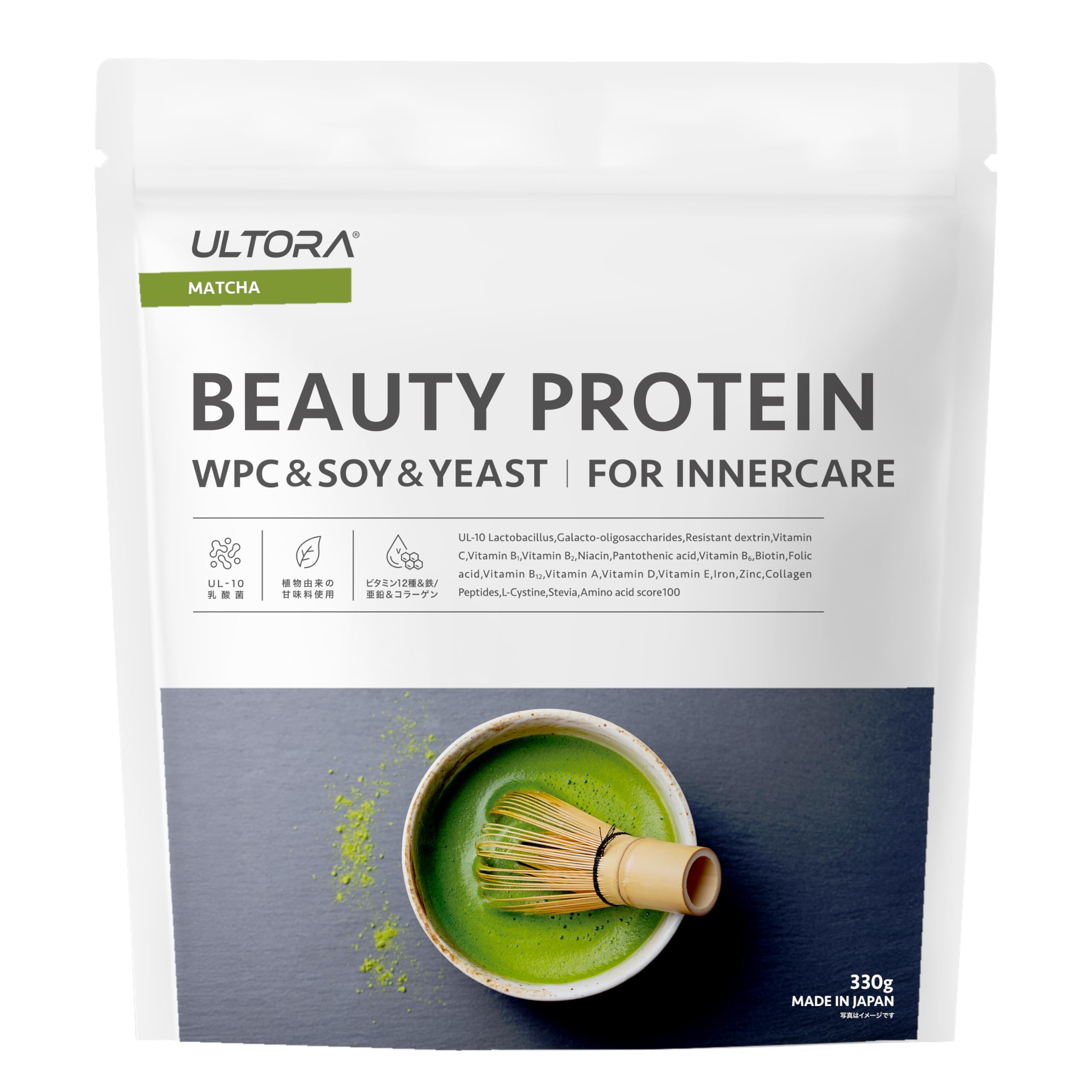 ULTORA Beauty Protein Matcha flavor made in Japan – whey, soy & yeast blend